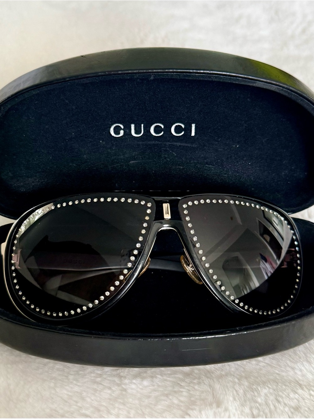 Gucci Black Studded Crystal Aviator Sunglasses with Case